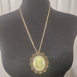 Vintage Kindschi Kreations Brooch Necklace Gold Handpainted Jewelry Cameo Girl